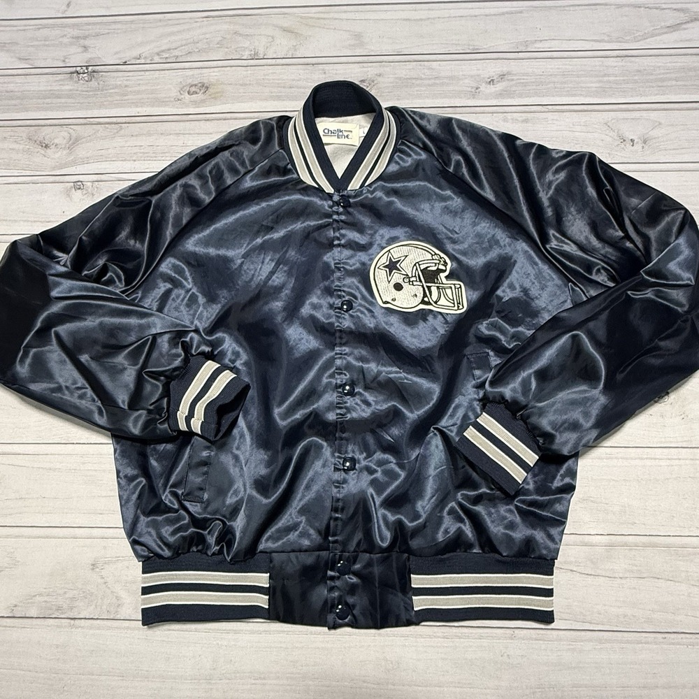 VTG Chalk Line Dallas Cowboys Satin Jacket Blue Snap Button Front 70s 80s USA